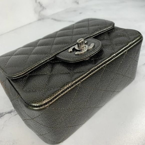ββ CHANEL 17S Metallic Charcoal Square Classic Caviar Mini Quilt Flap Bag CC RHW - Picture 16 of 17